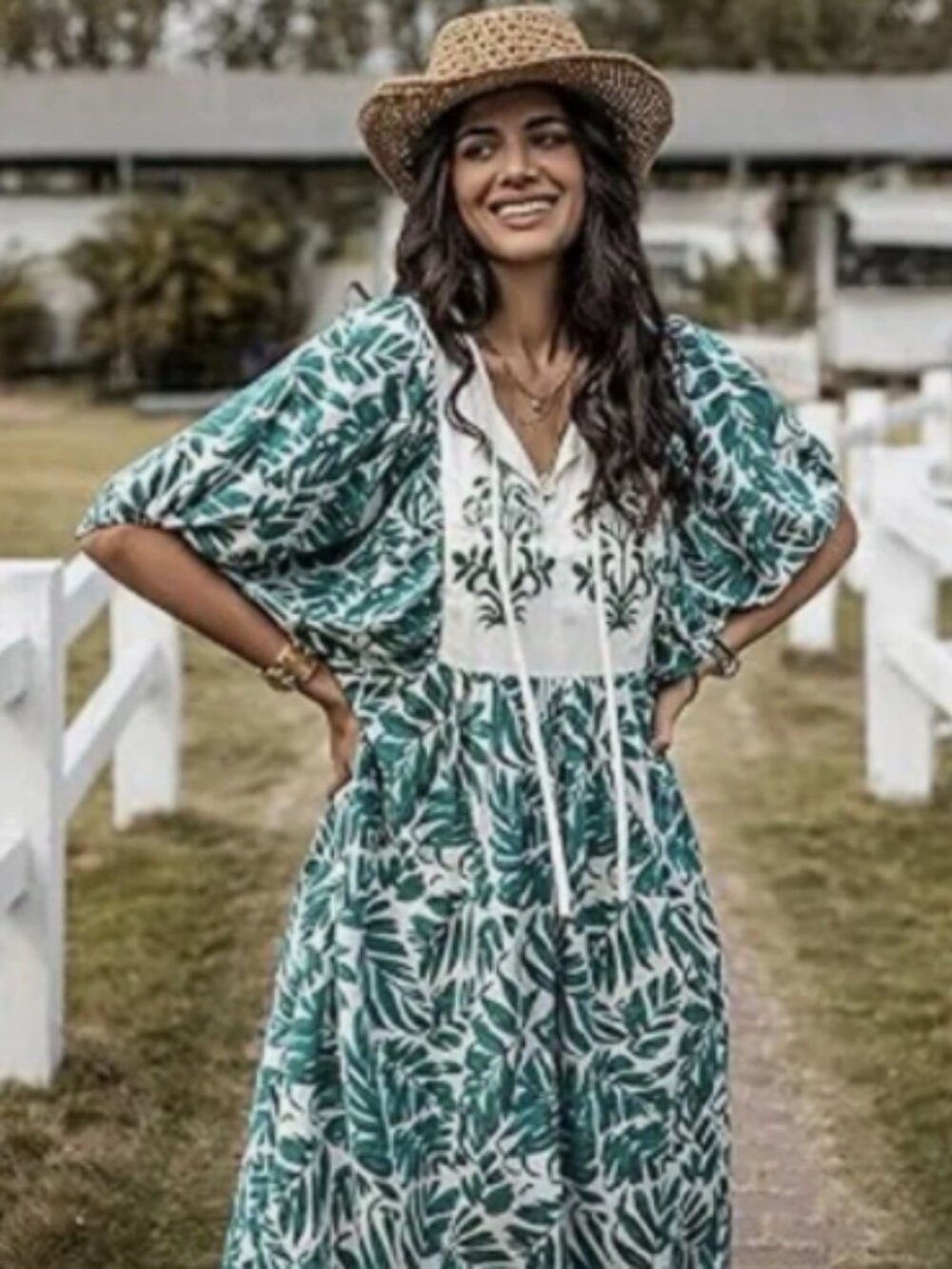 Rusttydustty Green White Tropical Print Embroidered Boho Beach Midi Dress XL NWO